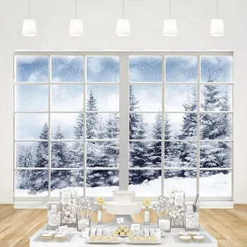 Фон Зимней Страны чудес, сцена из окна в Снежном лесу, Фон дерева для фотосъемки, украшение Рождественской вечеринки, реквизит для фотобудки.