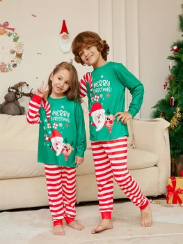 Детская Пижама с Рисунком Санта-Клауса и Лося из 2 предметов, Комплект с Топом с длинными рукавами и полосатыми штанами, Удобная одежда для отдыха Для маленьких мальчиков в Рождественском стиле
