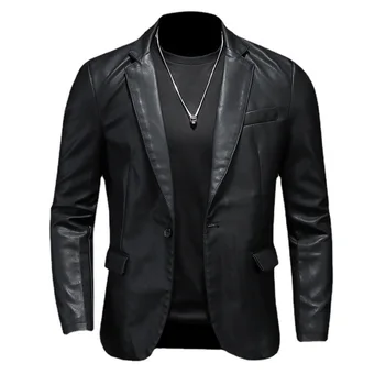 Мужская черная куртка из искусственной кожи, пальто, Новый бренд, высококачественные приталенные блейзеры с зубчатым воротником, мужские повседневные куртки из искусственной кожи, блейзеры