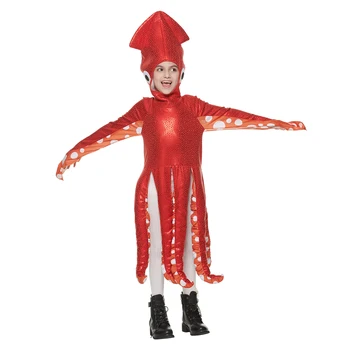 Детский костюм кальмара на Хэллоуин, Маскарадное платье для детей, Туника с капюшоном, Милая одежда для мальчиков и девочек с красным осьминогом