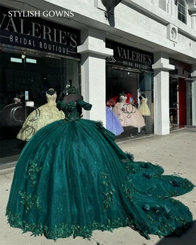 Мексиканское Темно-Зеленое Бальное платье С открытыми плечами, Пышные Платья С Аппликацией из бисера, Платье для Вечеринки по случаю Дня Рождения, Vestidos De 15 Años 2023