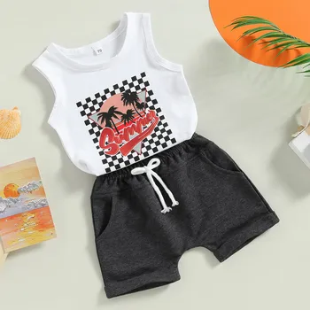 Комплект шорт для новорожденных мальчиков, летняя одежда 2023, майка с буквенным принтом кокосовой пальмы и шорты с эластичным поясом от 0 до 3 лет