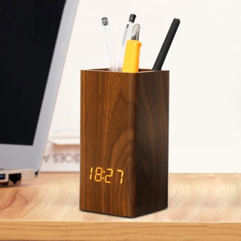 Цифровой деревянный держатель для ручки с голосовым управлением и будильником для творческого ученика Настольный светодиодный карандаш с питанием от USB/батарейки