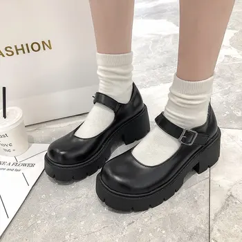 2020 Женская Модная Кожаная Обувь на высоком каблуке с пряжкой, Женские туфли-лодочки на платформе в стиле Панк, Женская обувь Mary Jane в готическом стиле, Женская обувь