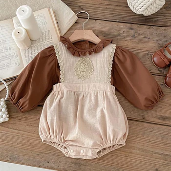 Весна Осень Дети, однотонная рубашка с длинными рукавами для маленьких девочек + Комбинезон с вышивкой, Комплекты одежды Для маленьких девочек, Костюм