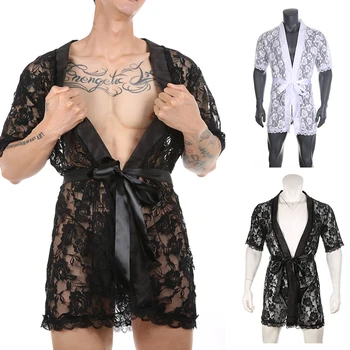 Мужская ночная рубашка, сексуальная домашняя одежда с Т-образным поясом, кружевные ночные рубашки для мужчин, свободный банный халат, ночное белье, домашняя одежда
