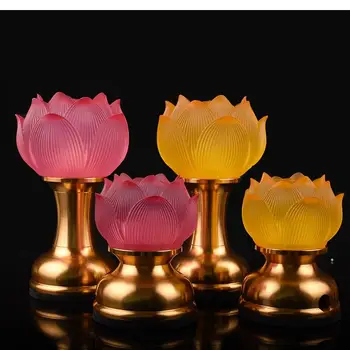 Подключаемая к зарядке лампа из цветного стекла Lotus, светодиодная лампа Будды, лампа Бога богатства, Храмовая молитва, Бытовая хрустальная Вечногорящая лампа