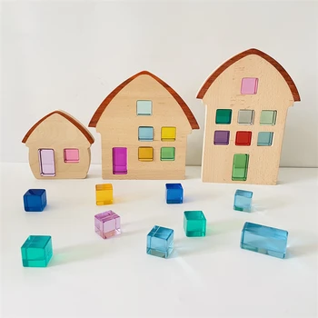 Деревянный дом, акриловые прозрачные кубики, детские штабелирующие блоки, Полупрозрачный Радужный укладчик драгоценных камней, открытые игрушки для детей