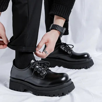 мужская повседневная деловая офисная вечерняя одежда, обувь из натуральной кожи, дерби на шнуровке, черные стильные кроссовки на платформе, мужская обувь
