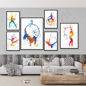 Плакат воздушной танцовщицы, цирковая танцовщица, художественная гимнастика, леди с обручем Лира, украшение для йоги с обручем, воздушная акробатическая танцовщица с обручем gif