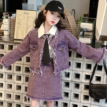 Детский флисовый джинсовый комплект, юбка в корейском стиле, модная весна 2024, модное студенческое пальто для девочек, короткая юбка, комплект из двух предметов