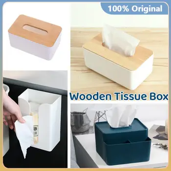 Пластиковая коробка для салфеток с деревянной крышкой, круглый / квадратный контейнер для салфетниц, диспенсер для влажной салфеточной бумаги, современный органайзер для дома и автомобиля