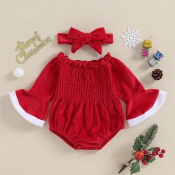 Наряды для новорожденных девочек, рождественские боди, бархатный комбинезон с рюшами, милый комплект зимней детской рождественской одежды