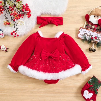 Рождественская толстовка для новорожденных девочек, платье-ползунки, бархатное платье-ползунки с длинными рукавами и повязкой на голову, комплект из 2 предметов