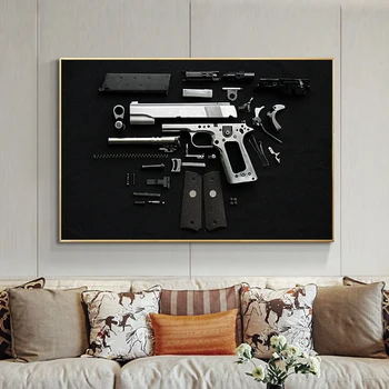 Картина с пистолетом в разобранном виде, настенные художественные плакаты и принты для домашнего декора в гостиной Без рамы
