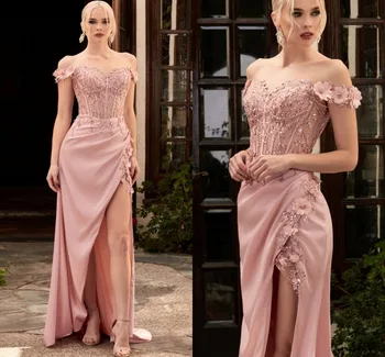 Розовые длинные вечерние платья 2024, Сексуальные платья для выпускного вечера с кружевной вышивкой и цветами, вечерние платья Robe De Soiree, Vestidos Longo