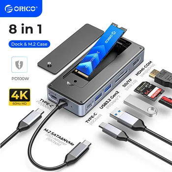 ORICO USB C КОНЦЕНТРАТОР с Корпусом SSD Док-станция для ноутбука с 4K 60Hz HDMI-Com 100W PD RJ45 SD/ TF 10 Гбит/с M.2 NVME SATA SSD 8 ТБ