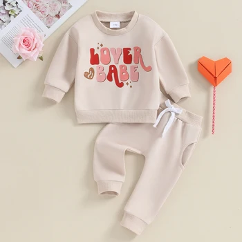 Новорожденный Младенец Унисекс, Рубашки с длинными рукавами на День Святого Валентина, толстовки с буквенным принтом, брюки, осенне-зимний комплект