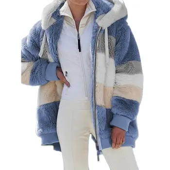 Новая зимняя женская модная куртка с капюшоном, теплая куртка для женщин, верхняя одежда в стиле пэчворк, искусственный мех, женская парка на молнии, пальто большого размера
