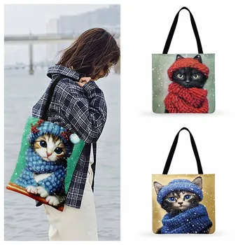 Сумка-тоут с рисунком милого маленького котенка, женская повседневная сумка-тоут, женская сумка через плечо, складная сумка для покупок, уличные пляжные сумки