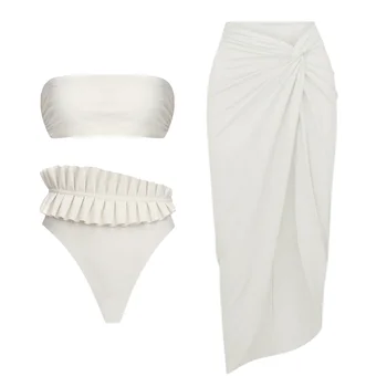 2024 Новый сексуальный белый комплект бикини с оборками на одно плечо, купальник и юбка, Летние купальники, женская пляжная одежда, купальный костюм