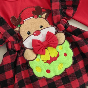 Рождественский наряд для новорожденной девочки, Комбинезон с длинным рукавом, боди, юбка на подтяжках в клетку из лося, Общая повязка на голову, комплект из 3 шт.
