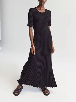 Женское платье-свитер 2023 Элегантное Облегающее платье Макси с круглым вырезом и короткими рукавами из рубчатого трикотажа, Осеннее облегающее платье уличной одежды