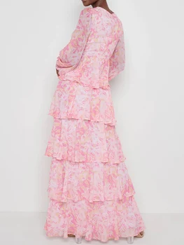 Женское длинное платье Fairycore С длинным рукавом и Vобразным вырезом, многоуровневое вечернее платье с элегантным графическим принтом и рюшами для торта