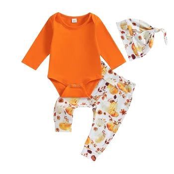 Одежда Для младенцев на Хэллоуин, однотонный комбинезон с длинным рукавом, Брюки с рисунком Тыквы, Шляпа, Комплект из 3 предметов