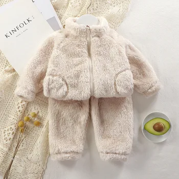 Детский осенне-зимний плюшевый комплект, модная однотонная домашняя одежда для малышей, теплый комплект из 2 предметов, термоодежда для младенцев, девочек и мальчиков