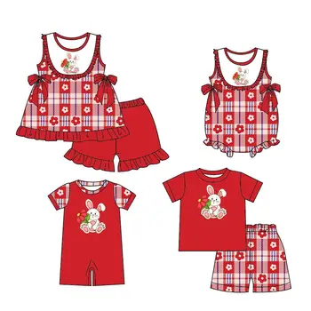 Новый дизайн, бутик одежды для малышей на Пасху, костюм для мальчиков и девочек, комбинезон с кроликом, топ с цветочным рисунком, красные шорты, милый летний костюм для малышей