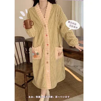 Осенне-зимний женский халат, утолщенная милая фланелевая пижама с длинным рукавом и V-образным вырезом, милое ночное белье, пижамы, банный халат для женщин