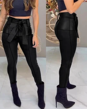Повседневные простые женские брюки 2023 г., однотонные Модные и удобные узкие брюки с нашивками из искусственной кожи с поясом, длинные брюки
