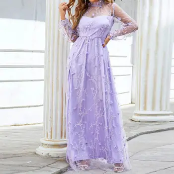 Zoctuo/ Новые Фиолетовые длинные платья для женщин, сетчатое вечернее платье для банкета в цветочек, Элегантное прозрачное вечернее коктейльное платье с длинным рукавом