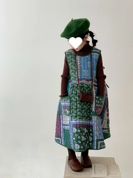 Детское платье Зимнее платье на бретелях в корейском стиле с цветочным узором для девочек, Винтажное детское платье без рукавов с утолщенной оберткой