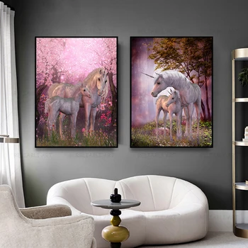 Розовое цветочное дерево, Страна чудес, Миф о Единороге, Плакаты с животными и принты, Настенное искусство, изображения лошадей, украшение гостиной Лес Куадрос