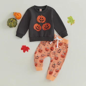 Одежда для младенцев на Хэллоуин, толстовка с длинными рукавами и принтом тыквы из мультфильма, топы и брюки, комплект осенней одежды из 2 предметов, детская одежда