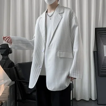 Весенне-осенний мужской костюм 2023, пальто, свободный Ретро-модный повседневный маленький костюм в полоску