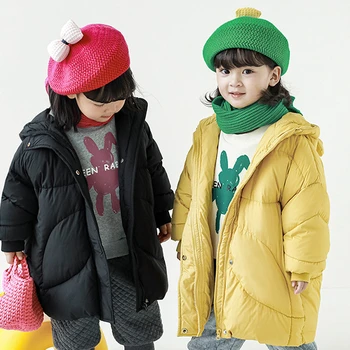 Детский длинный пуховик, пальто для девочек, зимняя детская теплая шапка, Розовый, Белый, Черный, желтый, однотонный Теплый пуховик