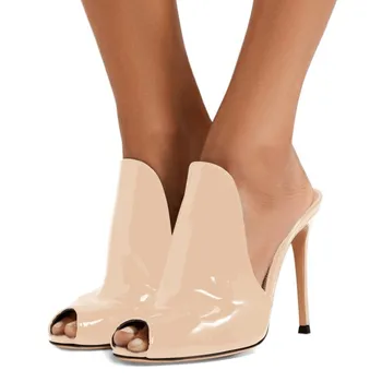 Летние однотонные босоножки-тапочки из лакированной кожи на высоком каблуке, Пикантные женские туфли на тонком каблуке, женские босоножки с открытым носком, Размер 45