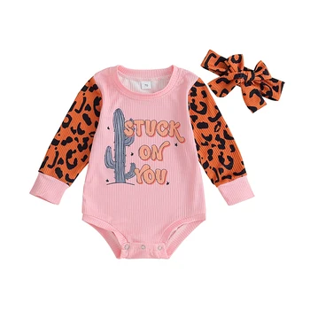 Одежда для новорожденных девочек, комбинезон с круглым вырезом и буквенным принтом кактуса и леопардовой лентой для волос, осенняя одежда