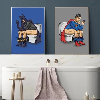 Забавный комический супергерой, туалет, холст, настенный плакат с Бэтменом, украшение комнаты, подарок для украшения домашнего туалета