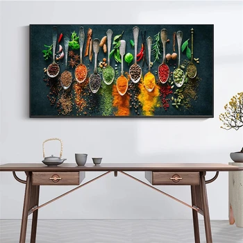 Картина на холсте Зерна, специи, ложка для приготовления овощей, фрукты, настенная живопись на кухне для домашнего декора гостиной