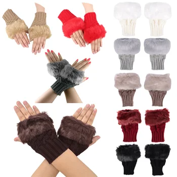 Модные зимние женские перчатки из плюшевого искусственного меха, Вязаная шерсть, сохраняющая тепло, Короткие рукавицы Без пальцев, женские перчатки на полпальца для девочек, Распродажа