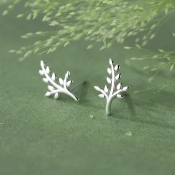 Подлинные серьги-гвоздики из стерлингового серебра 925 пробы с простыми ветвями и листьями растений для женщин и девочек