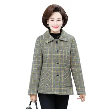 Шерстяное пальто для женщин среднего возраста 2023 года, Новые осенне-зимние куртки, теплая верхняя одежда в клетку с бархатной подкладкой, Женские топы