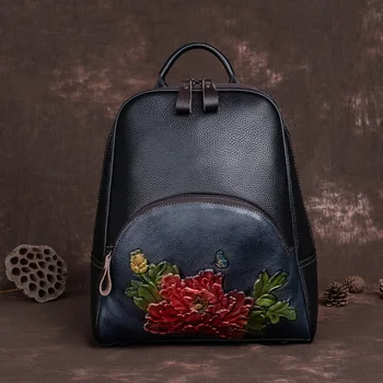 Черные женские рюкзаки из натуральной кожи в стиле ретро, винтажная сумка через плечо с тиснением ручной работы, рюкзак с цветочным рисунком в китайском стиле