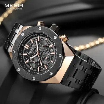 Модные мужские часы MEGIR с ремешком из нержавеющей стали, водонепроницаемые кварцевые наручные часы с хронографом, автоматической датой, светящимися стрелками 2213