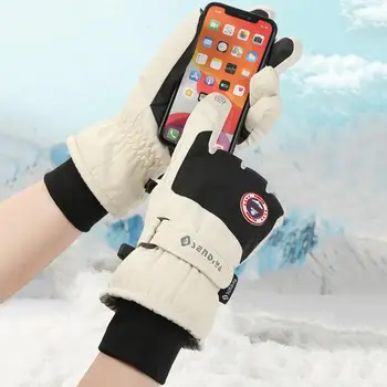 1 Пара зимних перчаток с крепежной лентой, дизайн флисовой подкладки, Водонепроницаемые, ветрозащитные, с тепловым сенсорным экраном, перчатки для езды на велосипеде