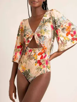 Винтажный цельный купальник с V-образным вырезом и принтом, длинный рукав, треугольный вырез, сексуальное тонкое бикини, модная бесшовная пляжная одежда в стиле пэчворк